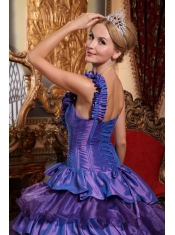 Purple Ball Gown One Shoulder Floor-length Taffeta and Organza Hand Made Flowers Quinceanera Dress