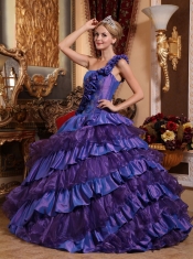 Purple Ball Gown One Shoulder Floor-length Taffeta and Organza Hand Made Flowers Quinceanera Dress