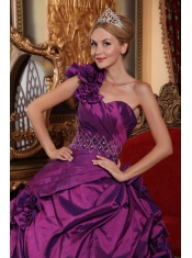 Purple Ball Gown One Shoulder Floor-length Taffeta Beading Quinceanera Dress