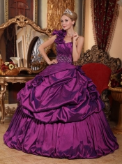 Purple Ball Gown One Shoulder Floor-length Taffeta Beading Quinceanera Dress