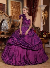 Purple Ball Gown One Shoulder Floor-length Taffeta Beading Quinceanera Dress
