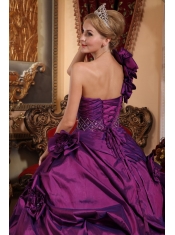 Purple Ball Gown One Shoulder Floor-length Taffeta Beading Quinceanera Dress