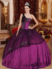 Purple Ball Gown One Shoulder Taffeta and Organza Beading and Appliques Quinceanera Dress