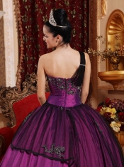 Purple Ball Gown One Shoulder Taffeta and Organza Beading and Appliques Quinceanera Dress