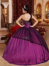 Purple Ball Gown One Shoulder Taffeta and Organza Beading and Appliques Quinceanera Dress
