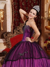 Purple Ball Gown One Shoulder Taffeta and Organza Beading and Appliques Quinceanera Dress