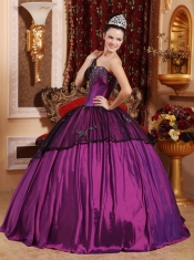 Purple Ball Gown One Shoulder Taffeta and Organza Beading and Appliques Quinceanera Dress