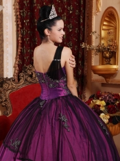 Purple Ball Gown One Shoulder Taffeta and Organza Beading and Appliques Quinceanera Dress