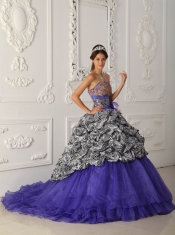 Purple Ball Gown Strapless Chapel Train Zebra and Organza Quinceanera Dress