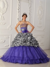 Purple Ball Gown Strapless Chapel Train Zebra and Organza Quinceanera Dress