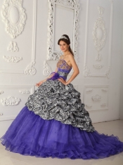 Purple Ball Gown Strapless Chapel Train Zebra and Organza Quinceanera Dress