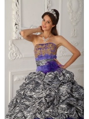 Purple Ball Gown Strapless Chapel Train Zebra and Organza Quinceanera Dress