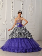 Purple Ball Gown Strapless Chapel Train Zebra and Organza Quinceanera Dress