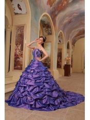 Purple Ball Gown Strapless Court Train Pick-ups Taffeta Quinceanera Dress