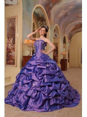Purple Ball Gown Strapless Court Train Pick-ups Taffeta Quinceanera Dress