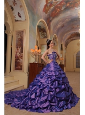 Purple Ball Gown Strapless Court Train Pick-ups Taffeta Quinceanera Dress