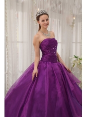 Purple Ball Gown Strapless Floor-length Organza Beading Quinceanera Dress