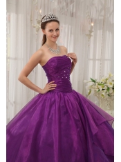 Purple Ball Gown Strapless Floor-length Organza Beading Quinceanera Dress