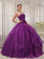 Purple Ball Gown Strapless Floor-length Organza Beading Quinceanera Dress