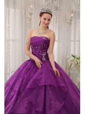 Purple Ball Gown Strapless Floor-length Organza Beading Quinceanera Dress