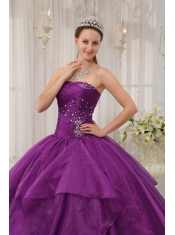 Purple Ball Gown Strapless Floor-length Organza Beading Quinceanera Dress