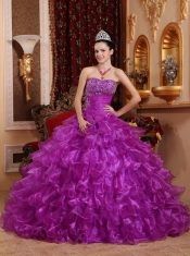 Purple Ball Gown Strapless Floor-length Organza Beading Quinceanera Dress