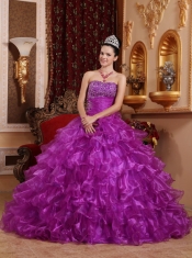 Purple Ball Gown Strapless Floor-length Organza Beading Quinceanera Dress