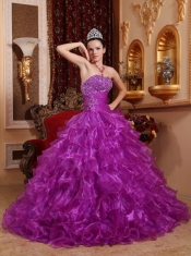 Purple Ball Gown Strapless Floor-length Organza Beading Quinceanera Dress