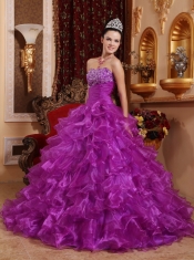 Purple Ball Gown Strapless Floor-length Organza Beading Quinceanera Dress