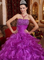 Purple Ball Gown Strapless Floor-length Organza Beading Quinceanera Dress