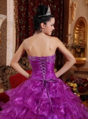 Purple Ball Gown Strapless Floor-length Organza Beading Quinceanera Dress