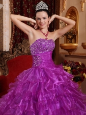 Purple Ball Gown Strapless Floor-length Organza Beading Quinceanera Dress