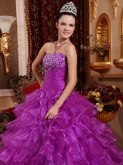 Purple Ball Gown Strapless Floor-length Organza Beading Quinceanera Dress