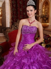 Purple Ball Gown Strapless Floor-length Organza Beading Quinceanera Dress