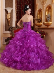 Purple Ball Gown Strapless Floor-length Organza Beading Quinceanera Dress