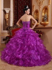 Purple Ball Gown Strapless Floor-length Organza Beading Quinceanera Dress