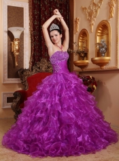 Purple Ball Gown Strapless Floor-length Organza Beading Quinceanera Dress