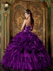 Purple Ball Gown Strapless Floor-length Organza Ruffles Quinceanera Dress