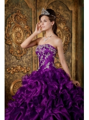 Purple Ball Gown Strapless Floor-length Organza Ruffles Quinceanera Dress