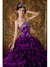 Purple Ball Gown Strapless Floor-length Organza Ruffles Quinceanera Dress