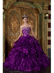 Purple Ball Gown Strapless Floor-length Organza Ruffles Quinceanera Dress