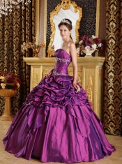 Purple Ball Gown Strapless Floor-length Pick-ups Taffeta Quinceanera Dress