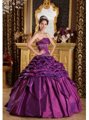 Purple Ball Gown Strapless Floor-length Pick-ups Taffeta Quinceanera Dress