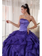 Purple Ball Gown Strapless Floor-length Satin and Organza Beading Quinceanera Dress