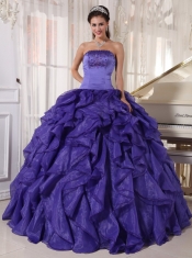 Purple Ball Gown Strapless Floor-length Satin and Organza Beading Quinceanera Dress