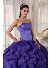 Purple Ball Gown Strapless Floor-length Satin and Organza Beading Quinceanera Dress