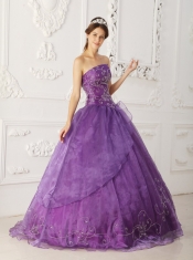 Purple Ball Gown Strapless Floor-length Satin and Organza Beading Sweet 16 Dress