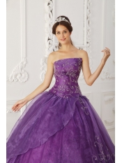 Purple Ball Gown Strapless Floor-length Satin and Organza Beading Sweet 16 Dress