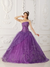 Purple Ball Gown Strapless Floor-length Satin and Organza Beading Sweet 16 Dress