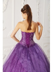 Purple Ball Gown Strapless Floor-length Satin and Organza Beading Sweet 16 Dress